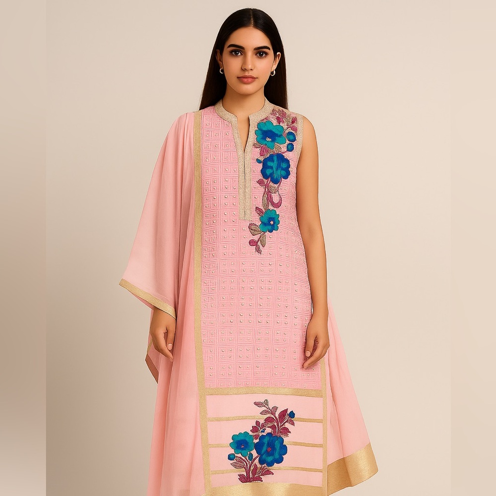 Semi-Stitched Pink 3-piece Suit Turquoise Floral Embroidery & Gold Detailing